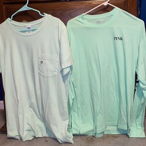 2 pink t shirts one long sleeve and one short sleeve both size large